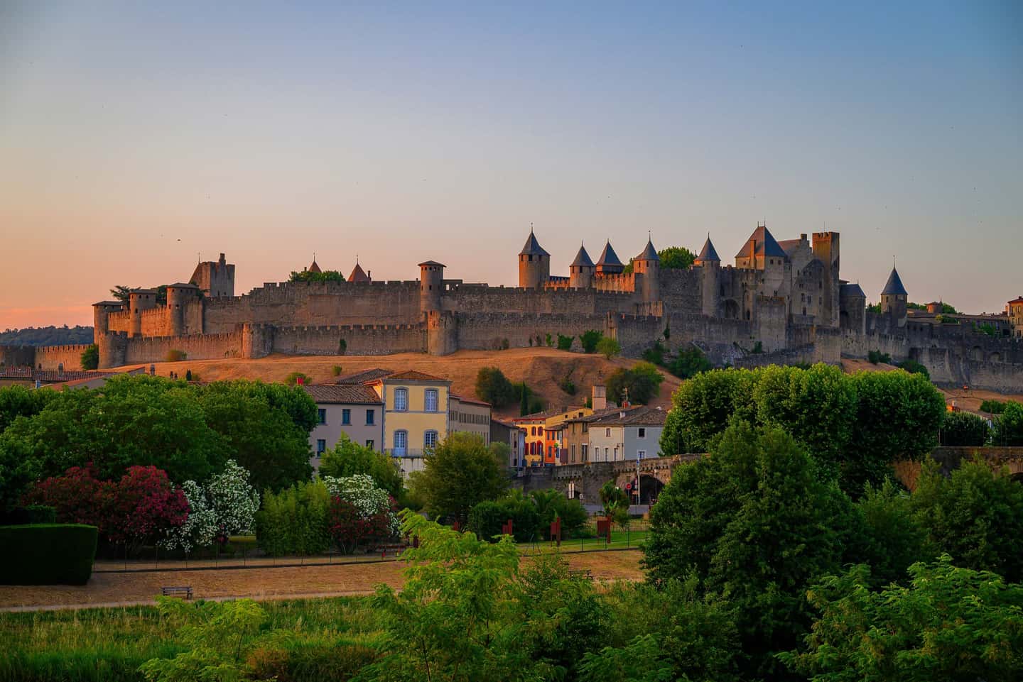The walled city of Carcassonne at sunset
